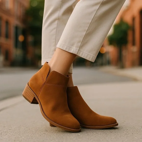 Anthropologie Seycheffe Womens Brown Suede Notched SlipOn Ankle Boots Size 6.5 - Picture 2 of 6